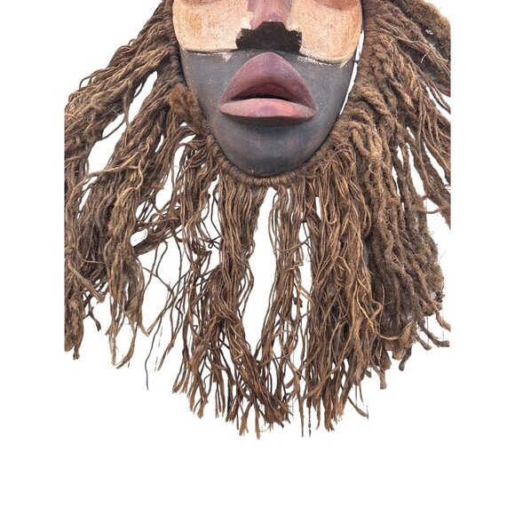 Dan African Tribal Mask With Raffia Hair & Cowrie Shells Decor - Picture 5 of 16